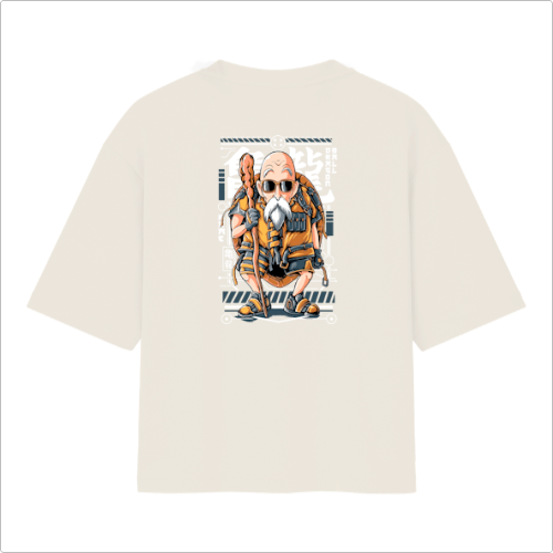 Camiseta com estampa frontal de papagaio estilizado e estampa traseira de personagem idoso de anime sentado em prancha com bastão e cabelo longo.