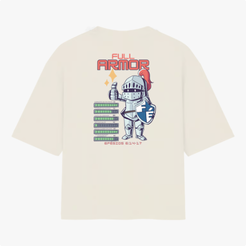 Camiseta com estampa traseira de cavaleiro segurando escudo e espada, texto "Full Armor", listas digitais estilo painel de controle e referência de Efésios 6:14-17.