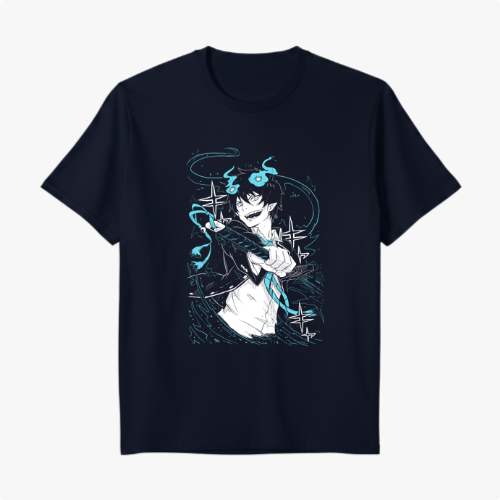 Camiseta com estampa frontal de personagem estilizado em ação, rodeado por elementos gráficos dinâmicos e energia fluindo, destacando sua postura confiante.