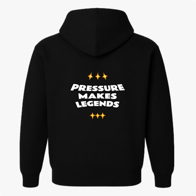 Moletom com estampa traseira de texto centralizado "Pressure Makes Legends" rodeado por três símbolos de estrela acima e abaixo do texto.