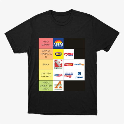 Camiseta com estampa frontal de uma tabela de logos de empresas em diferentes categorias, organizados em colunas, incluindo nomes e logomarcas de supermercados.