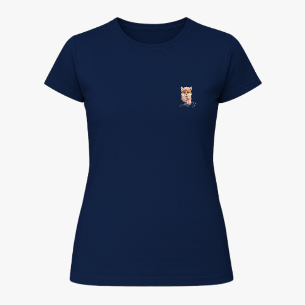 Camiseta com estampa frontal de um adorável cachorro usando uma coroa real, com a inscrição "Motty" em estilo cursivo logo abaixo do desenho.