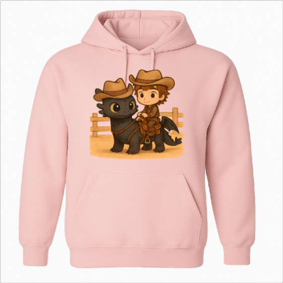 Moletom com estampa frontal de uma figura em estilo cartoon montada em um dragão ao lado de uma cerca, ambos usando chapéus de cowboy e expressões curiosas.
