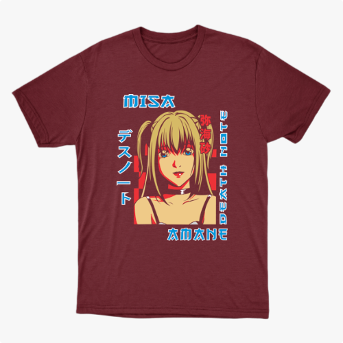 Camiseta com estampa frontal de uma personagem anime com cabelos longos, acompanhada de textos em estilo japonês ao redor.