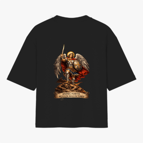 Camiseta com estampa frontal de letras estilizadas "PK" e estampa traseira de figura angelical armada sobre rochas, com frase latina em faixa abaixo.