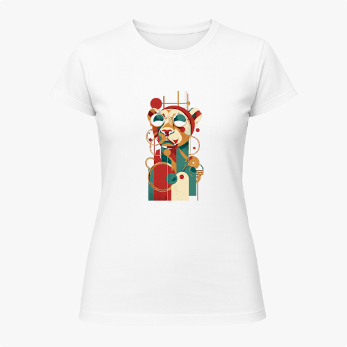Camiseta com estampa frontal de um panda estilizado em formas geométricas e óculos de sol, com um design moderno composto por linhas e círculos abstratos.
