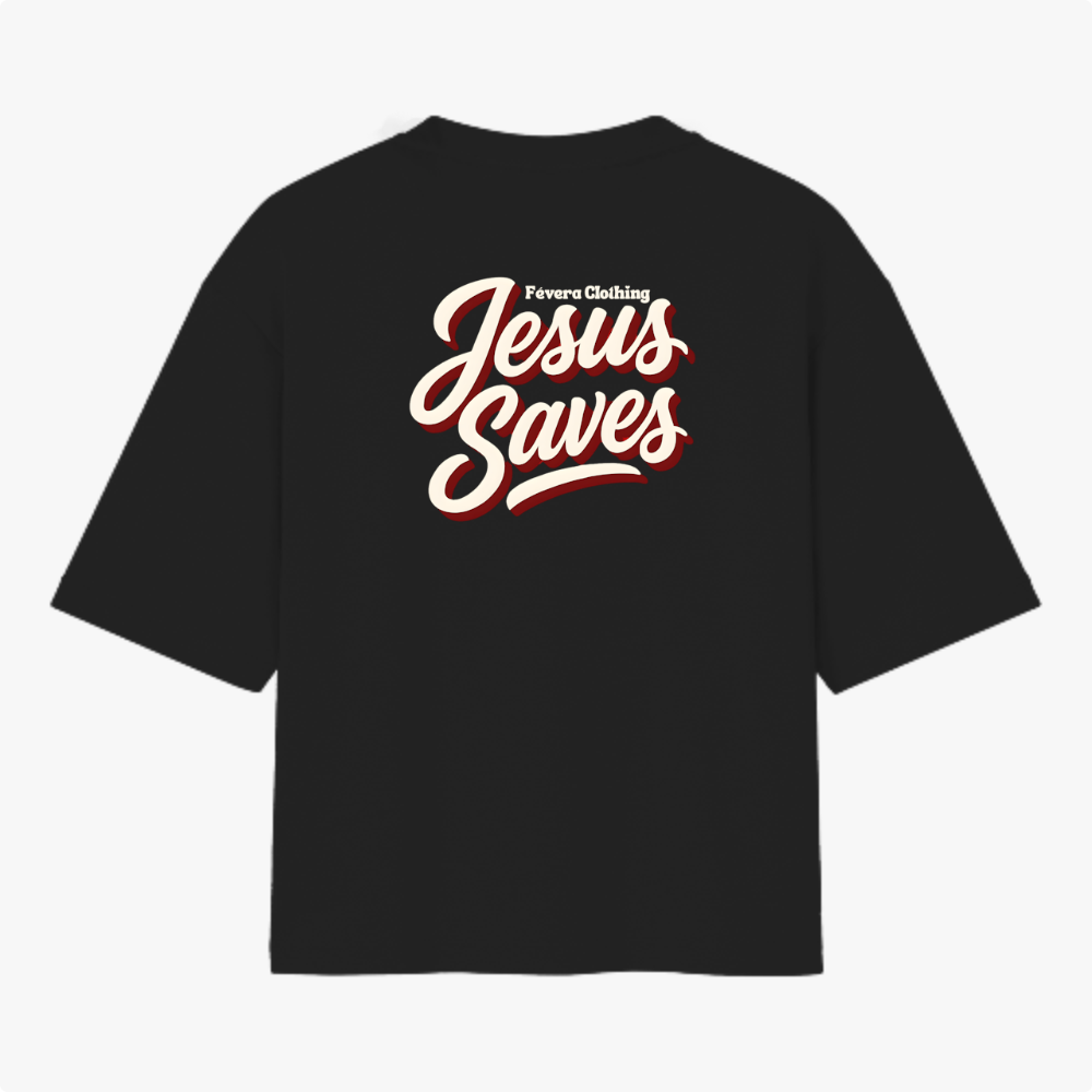 Camiseta com estampa frontal de "Fever Clothing Jesus Saves" em estilo caligráfico e estampa traseira maior com a mesma frase centralizada e destacada.