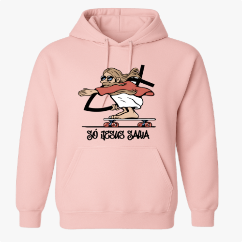 Moletom com estampa frontal de personagem icônico em cima de skate, com túnica e cabelos voando ao vento, além de texto estilizado na parte inferior.