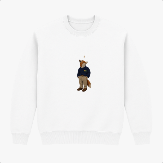 Moletom com estampa frontal de uma raposa vestida como humano, usando suéter e calças, olhando para uma estrela sobre sua cabeça.