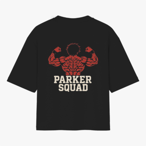 Camiseta com estampa frontal de logotipo estilizado em letras e estampa traseira de figura muscular exibindo braços cruzados acima do texto "Parker Squad".