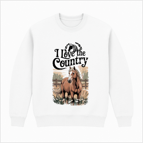 Moletom com estampa frontal de cavalo em ambiente rural, cercado por folhagens e estrutura de madeira, acompanhado da frase "I Love the Country" no topo.