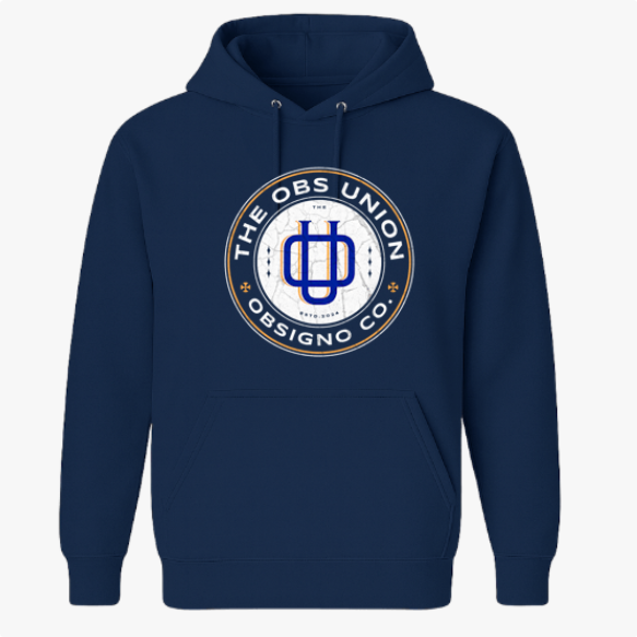 Moletom com estampa frontal de emblema redondo "THE OBS UNION" ao redor de um símbolo central estilizado e o texto "OBSIGNO CO." na parte inferior.