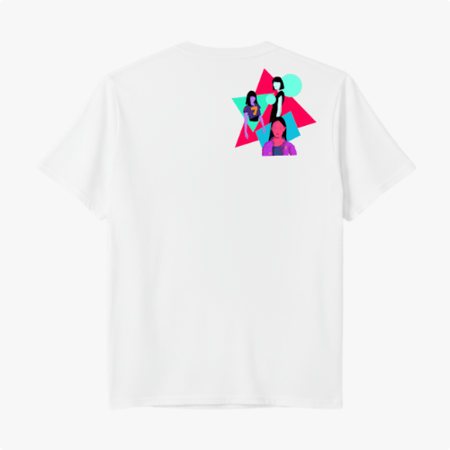 Camiseta com estampa frontal de figuras geométricas sobrepostas com silhuetas humanas e estampa traseira similar com posicionamento centralizado.