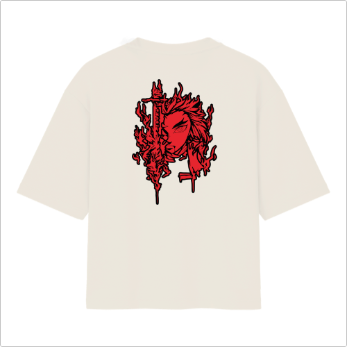 Camiseta com estampa frontal de máscara estilizada pequena e estampa traseira de figura imponente com espada envolta em chamas intensas.