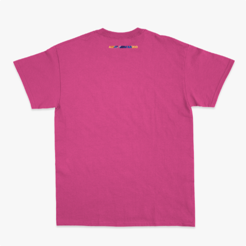 Camiseta com estampa frontal de "BRASIL" em letras preenchidas por elementos gráficos variados e estampa traseira discreta com a frase "AGTBB FBRKM 100".