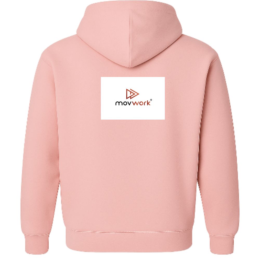 Moletom com estampa frontal de logotipo estilizado com setas e texto "movwork" e estampa traseira idêntica ao logotipo frontal.