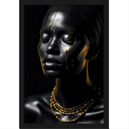 Quadro com estampa de rosto feminino adornado com correntes douradas e detalhes em dourado escorrendo, proporcionando um visual elegante e sofisticado.