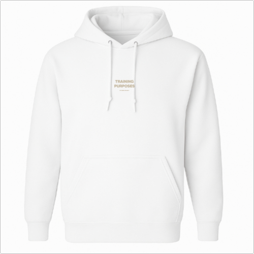 Moletom com estampa frontal de pequenas letras formando a frase "Training Purposes" centralizada acima do bolso e costas lisas sem estampa.