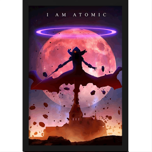 Quadro com estampa frontal de figura heroica frente à lua cheia, rodeada por escombros flutuantes, com um halo luminoso e texto "I AM ATOMIC" no topo.