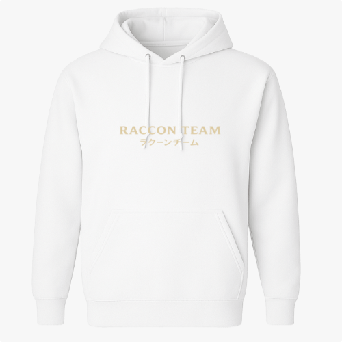 Moletom com estampa frontal de "RACCON TEAM" em letras maiúsculas, seguido por caracteres japoneses logo abaixo, centrados na área do peito.
