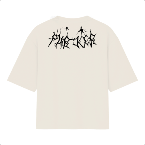 Camiseta com estampa frontal de logotipo com letras estilizadas em tamanho reduzido e estampa traseira de letras grandes em estilo abstrato e arrojado.