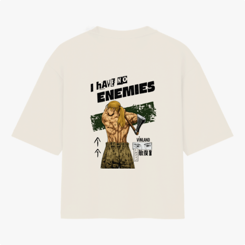 Camiseta com estampa frontal de logotipo estilizado "KRL" e estampa traseira de figura musculosa sem camisa com machado, texto "I have no enemies" e elementos gráficos.