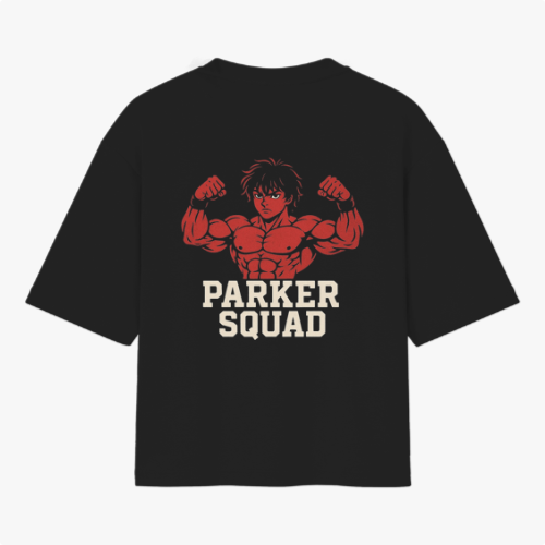 Camiseta com estampa frontal de logotipo estilizado e estampa traseira de personagem musculoso com cabelos curtos, acompanhada das palavras "Parker Squad".