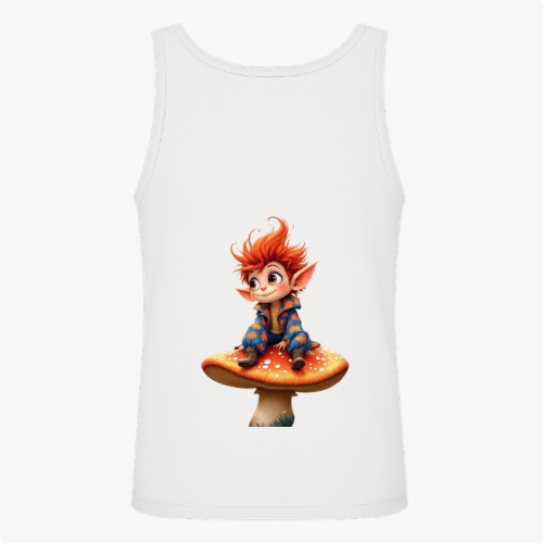 Regata com estampa frontal de garrafa com rótulo de cogumelo vermelho e estampa traseira de duende de cabelo vermelho sentado em cogumelo grande.