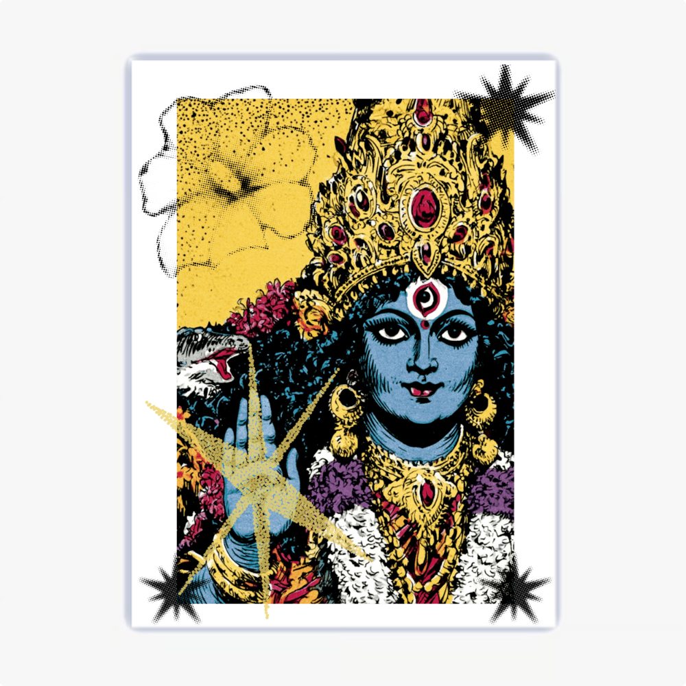 "Quadro com estampa frontal de figura mitológica com adornos detalhados, flores ao redor e elementos astrais como estrelas contrastantes."