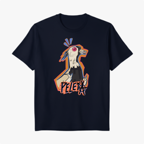 Camiseta com estampa frontal de galo estilizado com detalhes gráficos angulares, contornos coloridos e inscrições em estilo grafite na parte inferior.