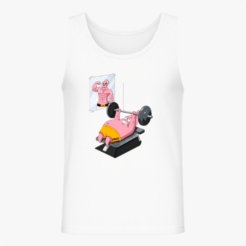 Camiseta regata com estampa frontal de um personagem rosa levantando peso em banco de academia, com espelho refletindo figura musculosa ao fundo.