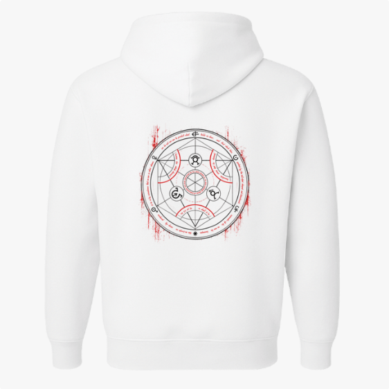Moletom com estampa frontal de personagem estilizado com inscrições verticais e detalhes luminosos e estampa traseira de círculo místico com símbolos complexos.