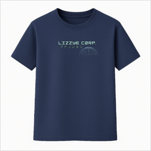 Camiseta com estampa frontal de texto "Lizzye Corp." seguido por caracteres japoneses, acompanhados de um gráfico de linhas formando uma semi-esfera futurista.