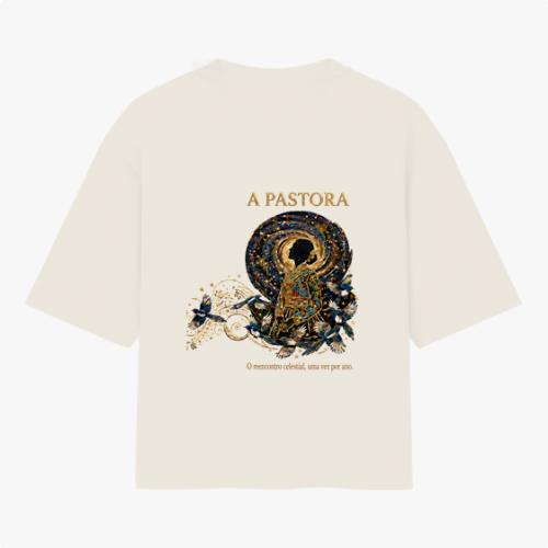 Camiseta com estampa frontal de intrincados padrões florais e texto centralizado, e estampa traseira de figura celestial com a inscrição "A PASTORA".