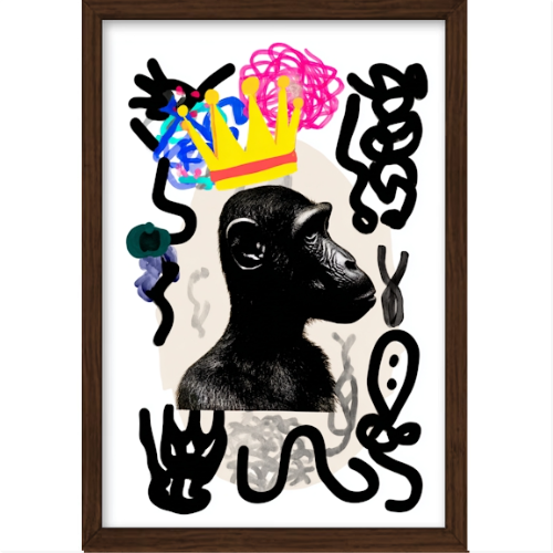 Quadro com estampa de macaco usando coroa amarela, rodeado por rabiscos pretos, formas coloridas e padrões abstratos variados.