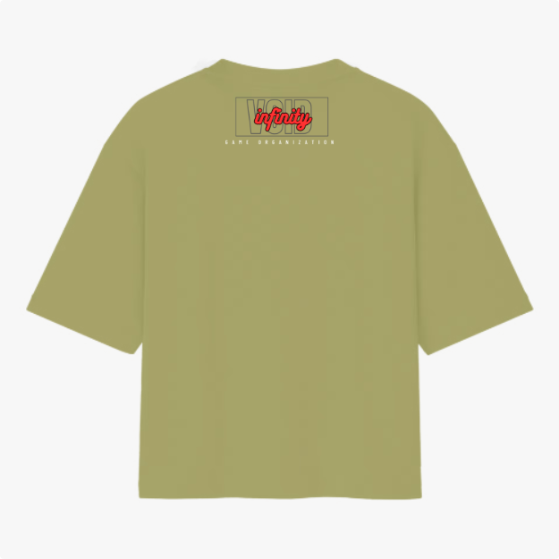 Camiseta com estampa traseira de texto "infinity game organization" em estilo moderno, com destaque para a palavra "infinity" em um design distinto.