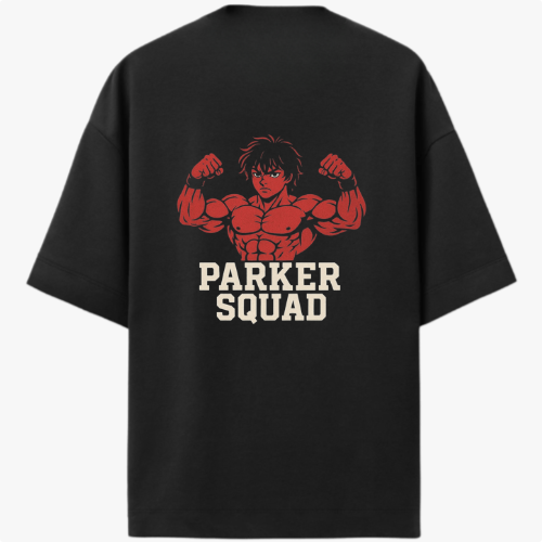 Camiseta com estampa frontal de letras estilizadas e estampa traseira de personagem musculoso flexionando, acompanhado das palavras "Parker Squad".