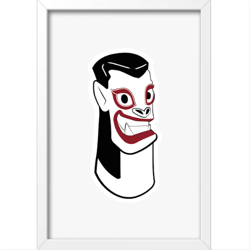 Quadro com estampa de um rosto estilizado, apresentando um sorriso largo e olhos expressivos, com detalhes em destaque que contrastam fortemente.