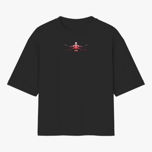 Camiseta com estampa frontal de figura humana estilizada, com braços e pernas estendidos, lembrando ilustrações anatômicas antigas.