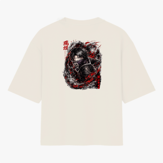 Camiseta com estampa frontal de inscrição estilizada ao lado de um símbolo e estampa traseira de ilustração complexa, com personagem envolto em efeitos dinâmicos.