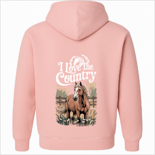 Moletom com estampa frontal de símbolo de cavalo emoldurado por louros e estampa traseira de cavalo realista com texto "I Love the Country".