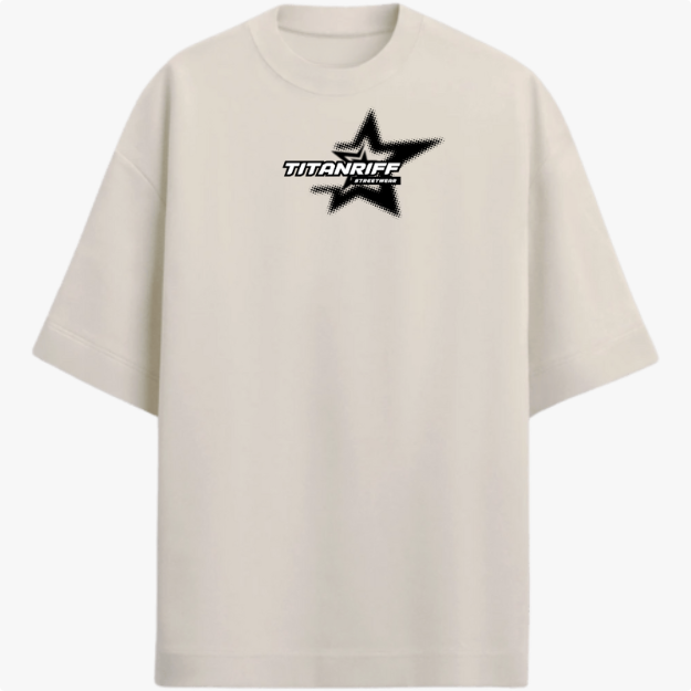 Camiseta com estampa frontal de uma estrela estilizada com efeito pontilhado, centralizada e envolvendo o nome "Titanriff" em fonte destacada.