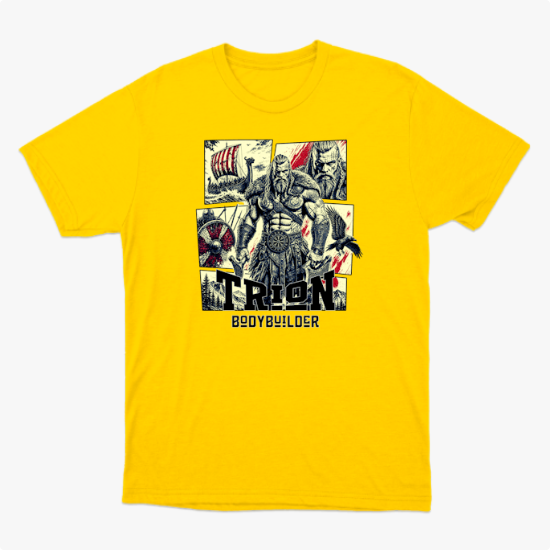 Camiseta com estampa frontal de um guerreiro musculoso em quadrantes, junto a um navio viking, escudo, espadas e texto "TRION BODYBUILDER".