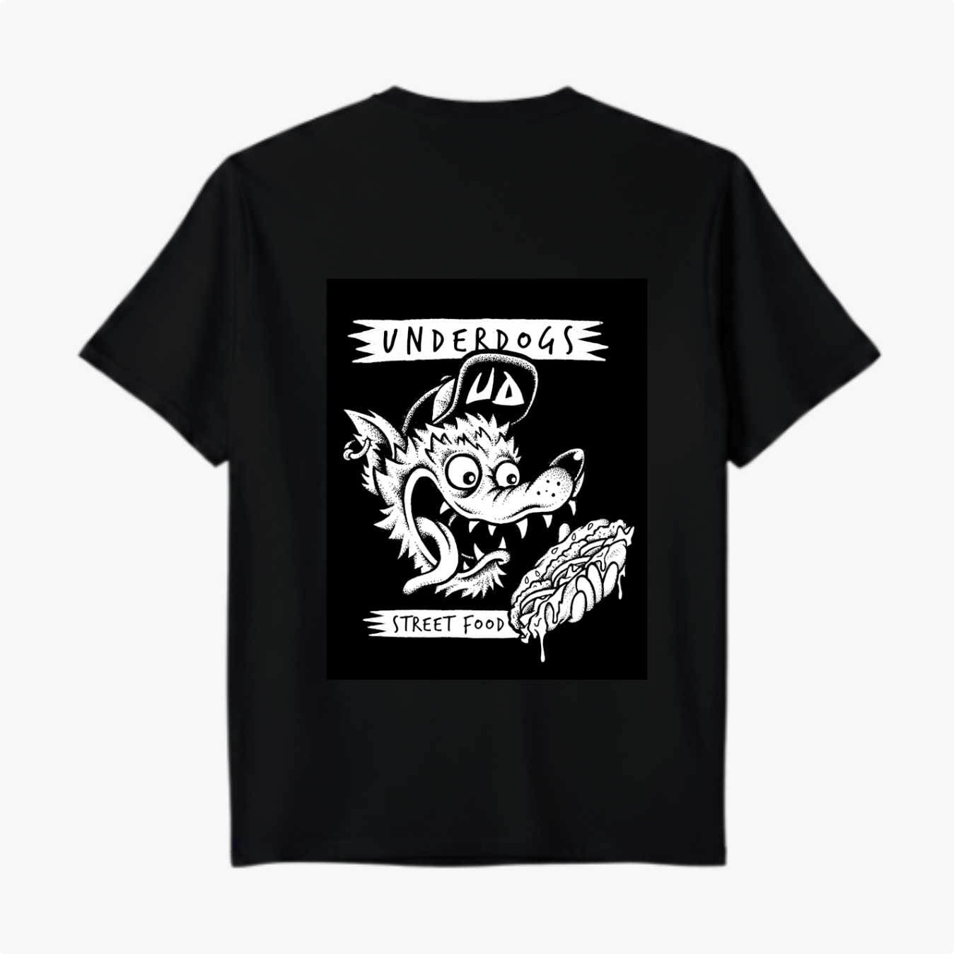 Camiseta com estampa frontal de rosto de cachorro em círculo, escrito "Underdogs Street Food" e estampa traseira de cachorro comendo lanche sob o título "Underdogs".