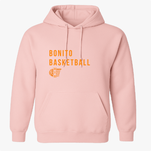 Moletom com estampa frontal de texto "Bonito Basketball" acima de um icônico aro de basquete, em um design simples que destaca esportividade.