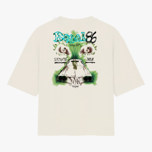 Moletom com estampa traseira de carro vintage, olhos misteriosos, texto "Regal 86 May 10th" e locais como Taipei, tudo com detalhes em um estilo retrô.
