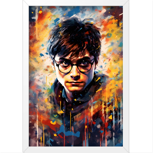 Quadro com estampa de ilustração vibrante de um jovem de óculos em meio a um fundo abstrato com traços energéticos e cores intensas.
