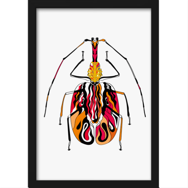 Quadro com estampa frontal de inseto estilizado com padrões abstratos e linhas sinuosas em laranja, preto, vermelho e rosa vibrantes.