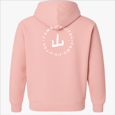 Moletom com estampa frontal de logo circular minimalista e estampa traseira de círculo maior envolvendo grafismo estilizado com texto ao redor.