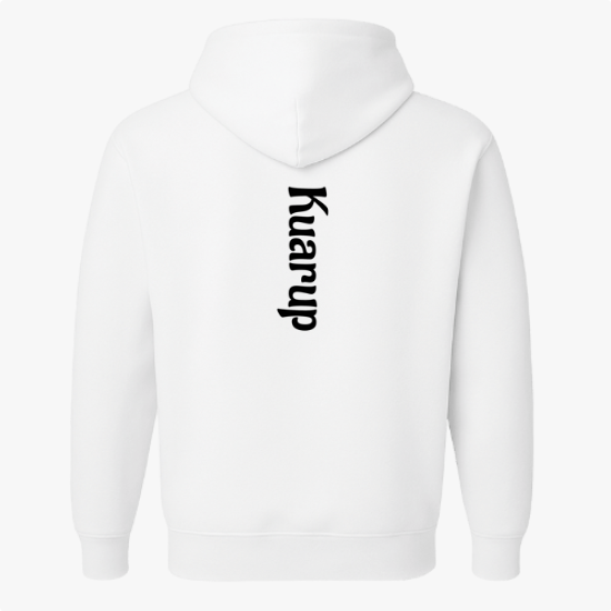 Moletom com estampa frontal de design geométrico com linhas curvas, cruz vermelha central e palavras "Kuarup" e "Xingu", e estampa traseira de texto vertical "Kuarup".